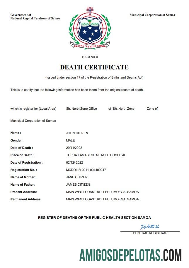 Realista modelo Word e PDF de certidão de óbito de Samoa